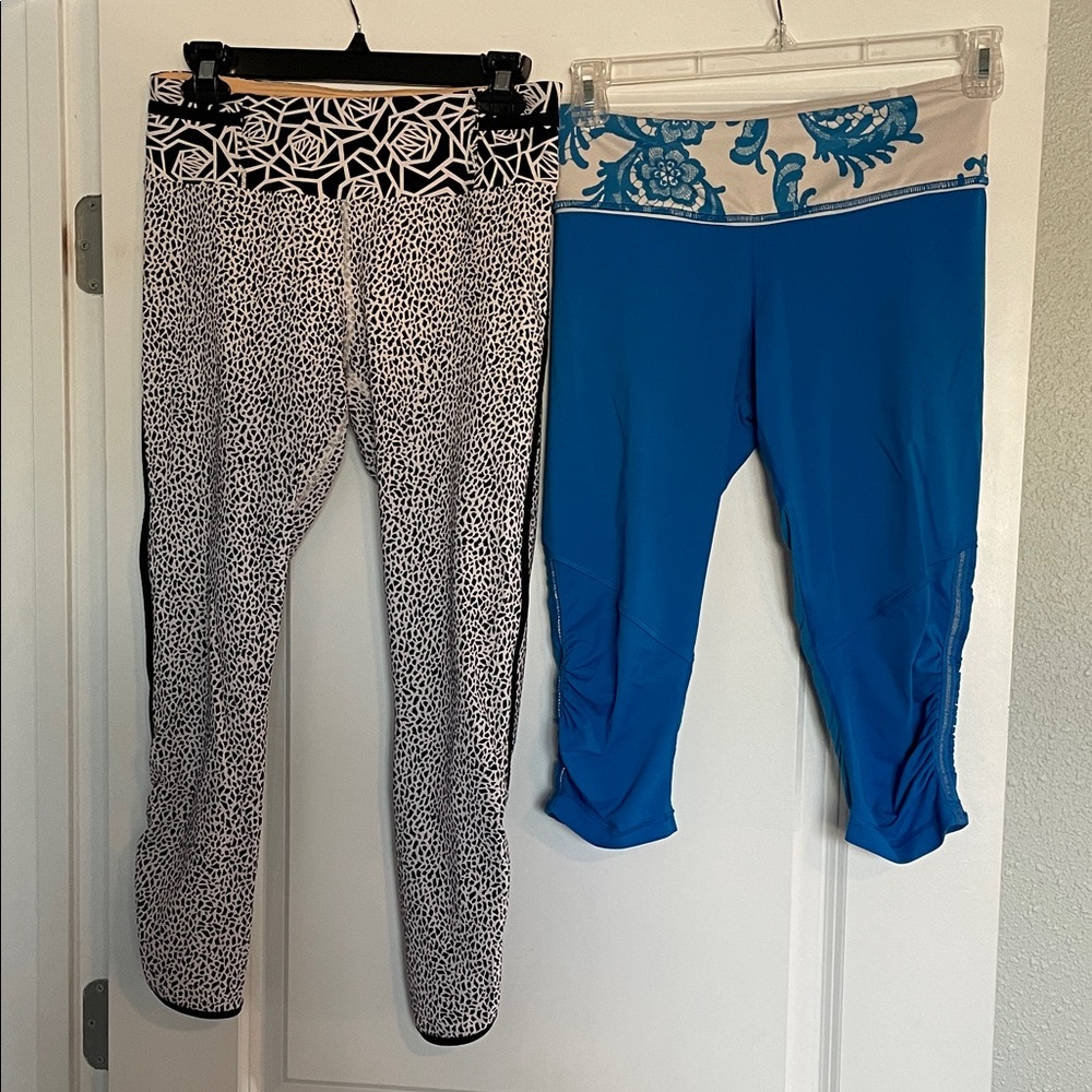 Lululemon Black & White Printed Leggings and Blue Cropped Leggings BOTH Size 6